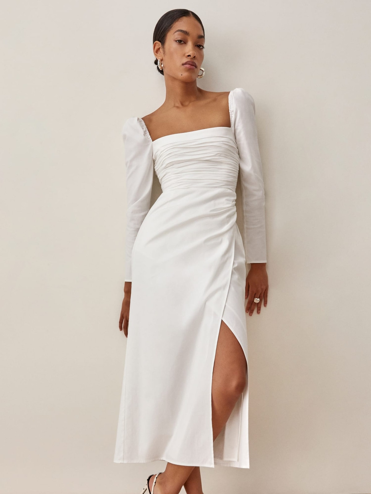 Reformation Isaac Bride Engagement Puff Long Sleeve Slit Midi Dress White 10 Nwt